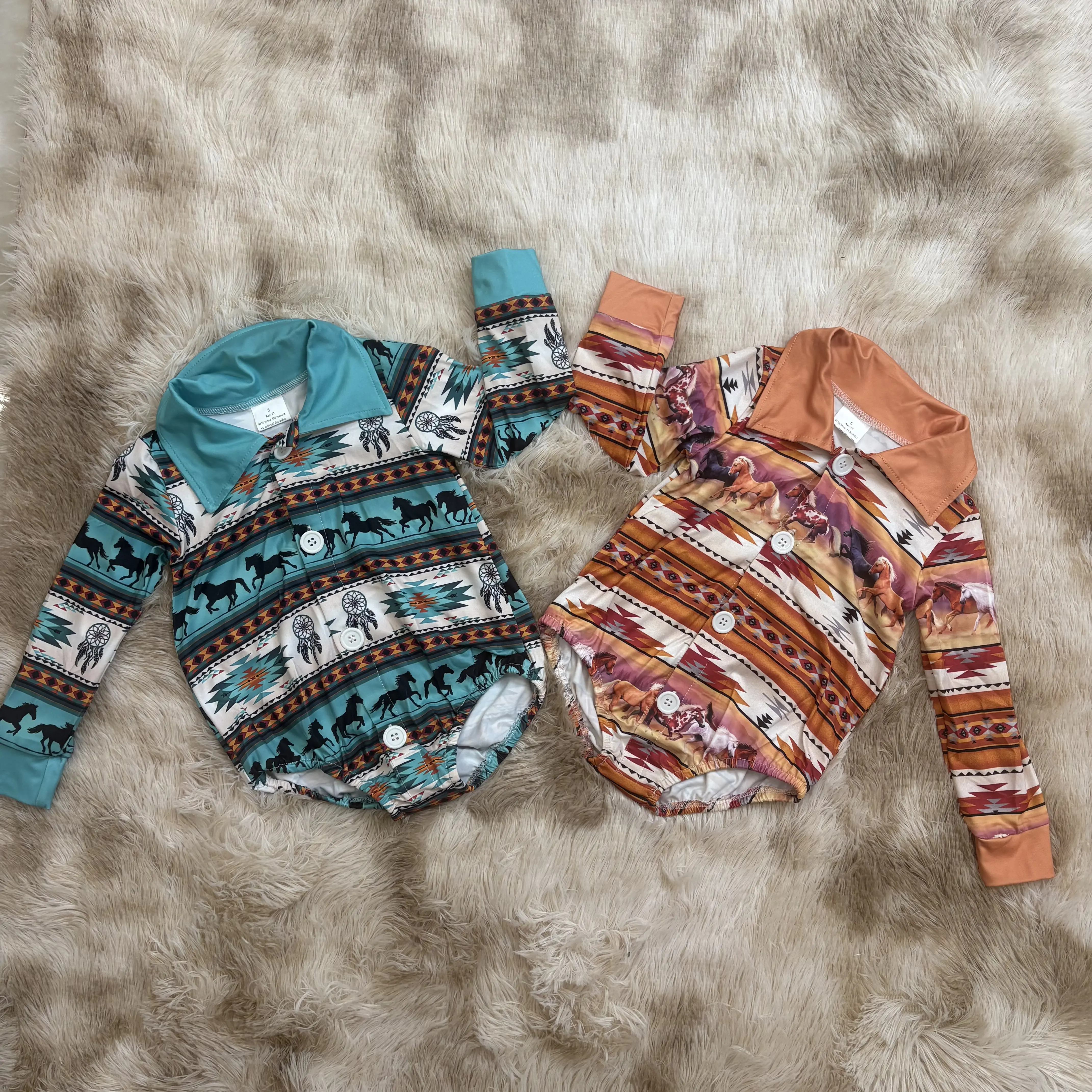 Baby Boy Long-Sleeve Aztec Horse Printed Western Button-Down Bodysuit - No Snaps, Infant Clothing