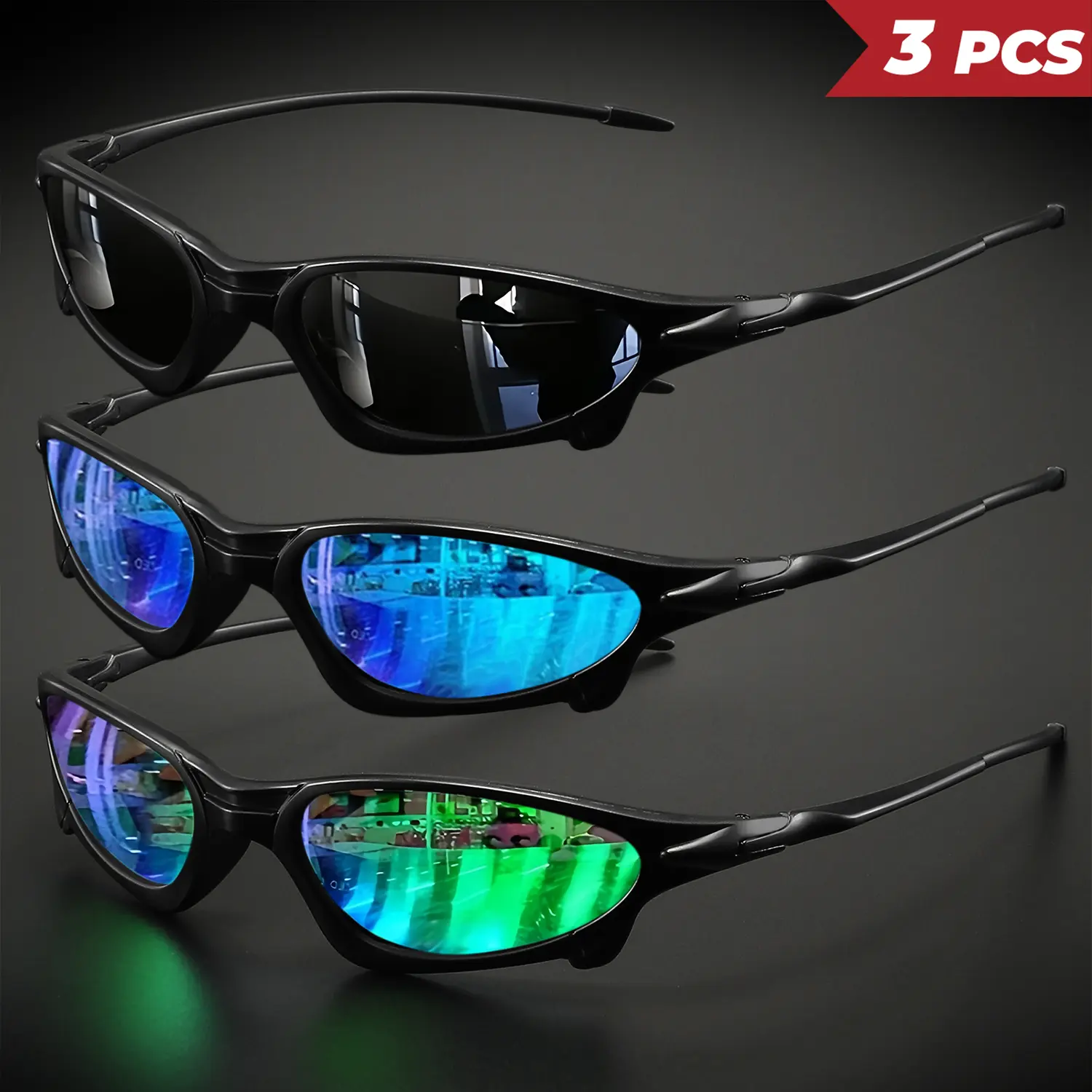 3PCS Unisex Futuristic Wraparound Sports UV Protective Glasses for Women & Men, Light Weight Polycarbonate Frame with Colorful UV400 Lenses for Cycling, Sunglasses For Women, Men's Sunglasses, Durable, Nylon, Reflective, Rubber, Unisex Style, Windproof Ou