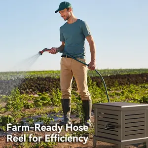 Relhost Heavy Duty Hose Reel Box with Never-Leak System Manual Crank Handle Stable Foot Pedal Holds 150ft x 1/2" & 125ft x 5/8" Hose for Yards Patios and Garden Sheds