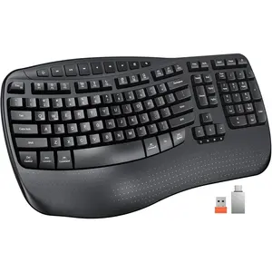 Keyboard, Wave  Firm Wrist Rest for  Typing, 2.4G USB-A Cordless Receiver and USB-C Adapter, Ergo  Keyboard Compatible with Windows//PC/Laptop, Black