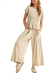 Women's Summer 2-Piece Set Outfit Top + Wide Leg Pants, Soft Breathable Fabric, High Waist Casual, Loose Fit with Pockets