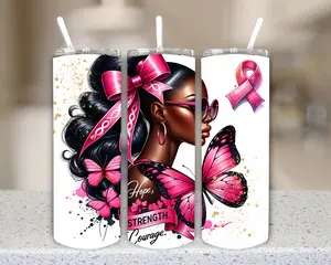Pink Ribbon Cancer Awareness Reusable Tumbler Water Bottle - Durable Tumbler Reusable Cup with Meaningful Hope, Strength, Courage Message, Versatile for Everyday Use, Water Bottles