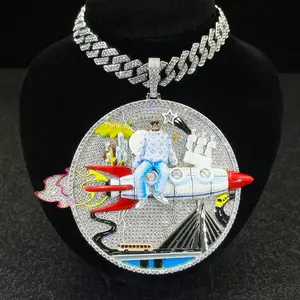 Huge Iced Out 3D Rocket Man Enamel Medallion Pendant, Colorful Cityscape Hip Hop Statement Jewelry, 925 Silver Tone with 4mm Rope Chain