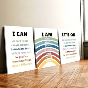 3-Piece Set 2D Flat Print Canvas Wall Art, Inspirational Quotes Poster, Rainbow Garden Design, Classroom & Home Decor