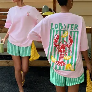 Muchica Women's Casual Beach Vacation Loose Raglan Tee With Lobster Stripe & Letter Print, Summer Beach T-Shirt, Pastel Colors, Suitable For Vacation, Graduation Trip, Beach Party, Music Festival