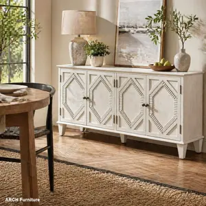 65.2" Mid Century Modern Sideboard Buffet Cabinet - Chic Farmhouse, Antique Brass Accents, 2-Tier Adjustable, Dual Storage, Easy Access, Indoor Cupboard, Quick Setup, TV Storage for Living Room, Entryway, Antique White, Adjustable Two-Tier Sideboards, Dua