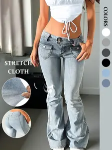 Women's Y2K Slim Fit Flare Jeans, Low Waist Denim with Pockets, Comfortable Daily Wear, Suitable for All Seasons