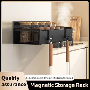 Magnetic Storage Rack, No Drilling Wall Mounted Kitchen Organizer Shelf With Hooks, Metal Spice Rack For Refrigerator Side And Iron Surfaces