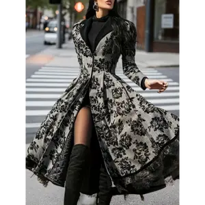 Vintage Floral Lace Jacket Womens Elegant Long Trench Coat V Neck Split Hem for Spring Summer Fall Casual easter  prom  dress