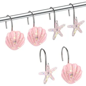 P-BS025   Seashell Shower Curtain Hooks, 12PCS Stainless Steel Anti Rust Starfish and Seashell Decorative Shower Hooks Ocean Theme Shower Curtain Hooks for Home Bathroom (Pink Seashell) Decoration Installation