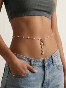 Pearl Waist Chain with Cubic Zirconia Belly Button Ring for Women Sexy Stomach Belly Chains Body Chain Dangle Navel Piercing Waist Jewelry Summer Beach Bikini Accessories Silver Gold Waist Chain Accessory