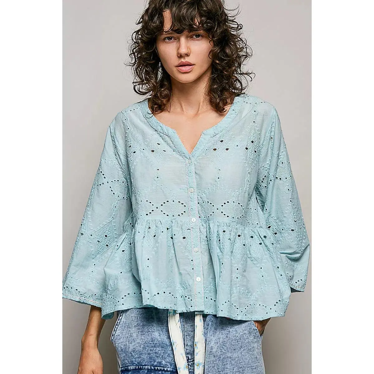 POL Eyelet Embroidery Peplum Button Front Cotton Shirt