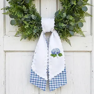 2 Pcs Layered Wreath Sash for Front Door, Summer Hydrangea Floral Garland Ribbon, Detachable Ric Rac Trim White and Blue Gingham Wreath Sash for Holiday Wedding Party Home Decor Indoor Outdoor