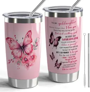 Goddaughter 20oz Stainless Steel Double Wall Tumblers from Godmother - Butterfly Inspirational Gift (Pink)