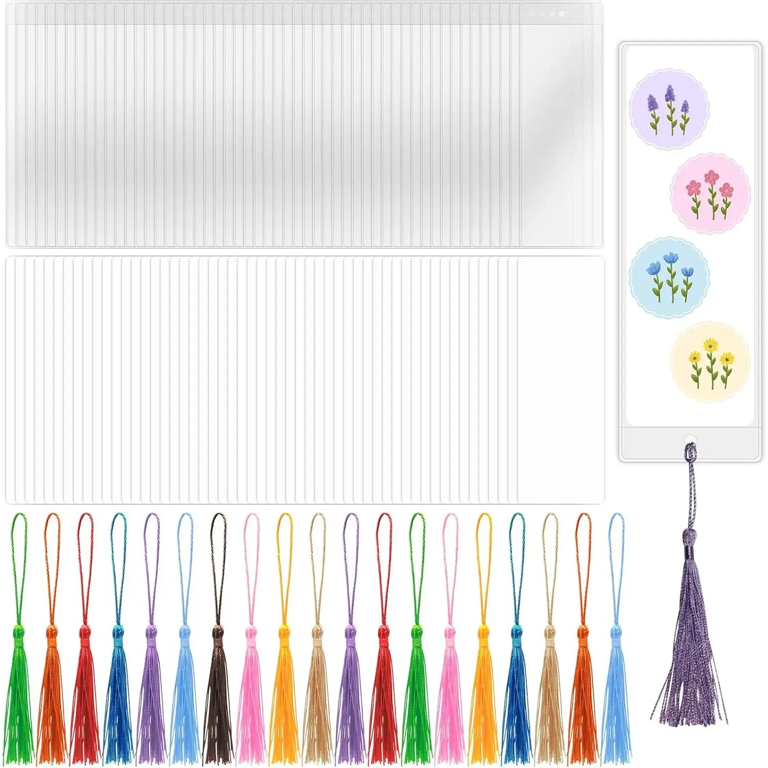 Blank Bookmarks Making Kit, 50 count Paper Bookmark, 50 Colorful Tassels, 50 count Clear Bookmark Sleeves for DIY Book Mark Projects and  Tags (White Bookmark + Tassel + Sleeves, 150)