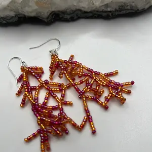 Coral Seed Bead Light a Feather Sterling silver  Earrings