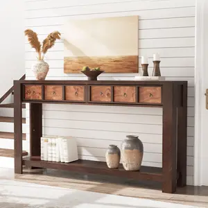 59 Inch Console Table - Farmhouse Wooden Sofa Table with 2 Drawers, Open Storage Shelf & Versatile Design