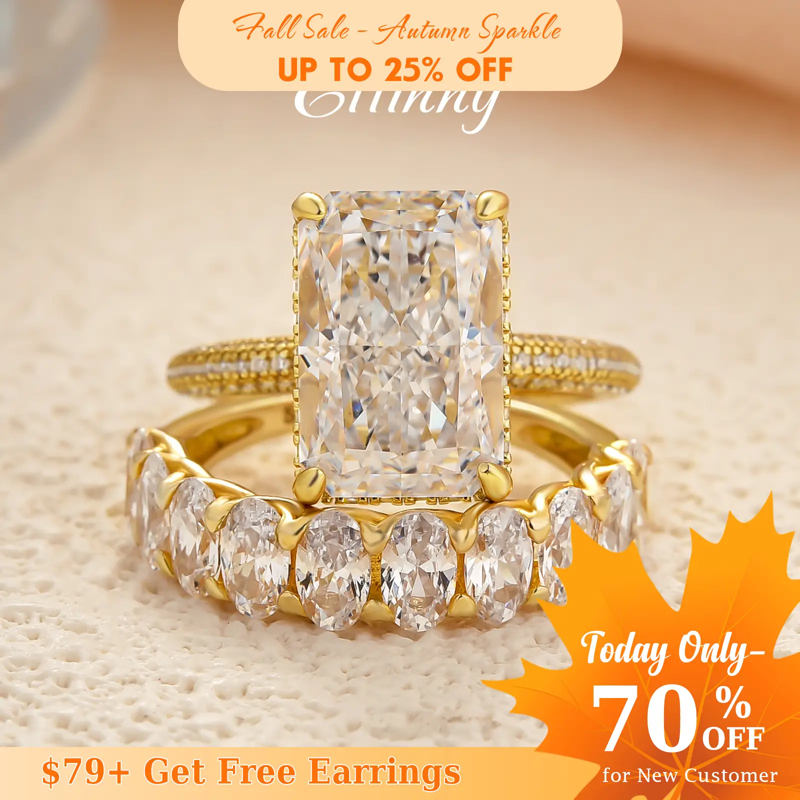 Effinny Radiant Cut 6.0ct Golden Elongated Wedding Ring Set In S925 Sterling Silver, 5A Cubic Zirconia Promise Ring, Bridal Ring for Wedding, Party, T