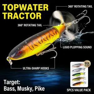 5pcs Topwater Rotating Tail Fishing Lures with Tackle Box, Whopper Plopper Style Floating Pencil, 10cm/13g or 14cm/35g Surface Baits with Plopping Sound