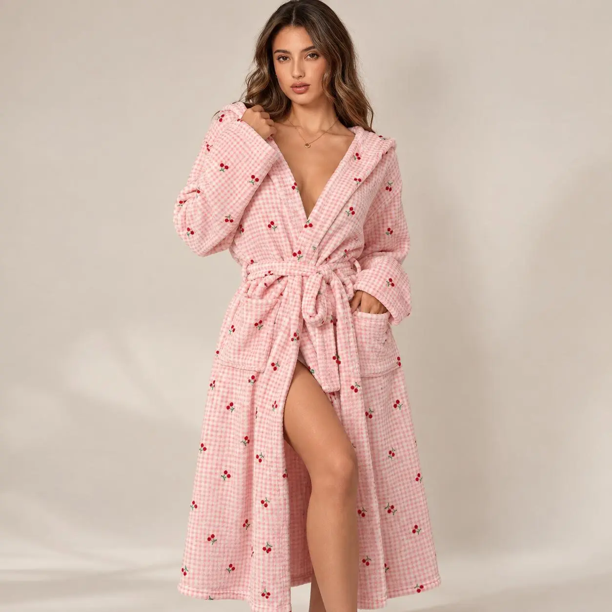 Women's Plush Hooded Bathrobe, Pink Plaid Cherry Print Robe, Soft Cozy Long Robe with Belt, Warm Winter Loungewear & Sleepwear
