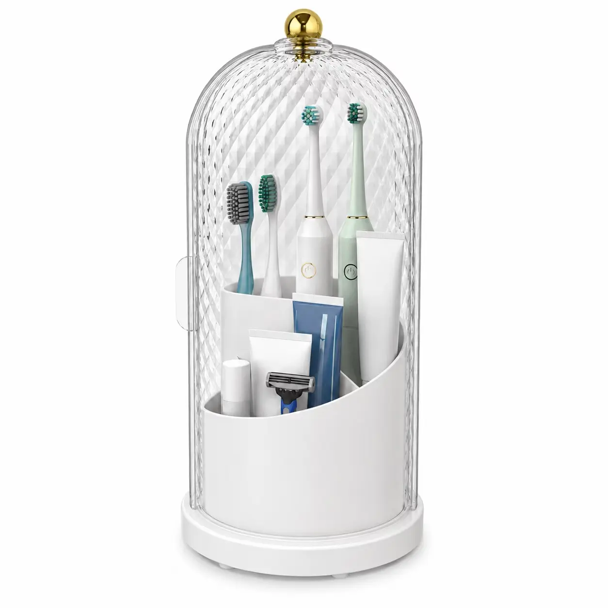 Toothbrush Holders with Cover for Bathroom Countertop, Rotating Bathroom Organizer with Sliding Door Drainage Holes, 3 Slots Makeup Brushes Holder