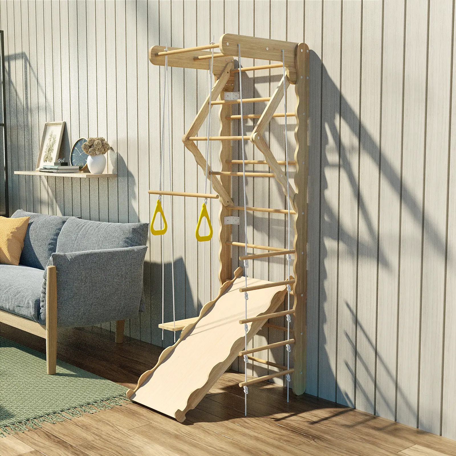 Montessori Pikler Triangle Climbing Gym, Foldable Wooden Assembly Kit for Kids 3+ Years, Indoor Playground with Variable Shape for Children Development, Wall Mount, Fosters Independence, Durable, Improves Motor Skills, Learning, Natural Wood, 4 - 6 Years,