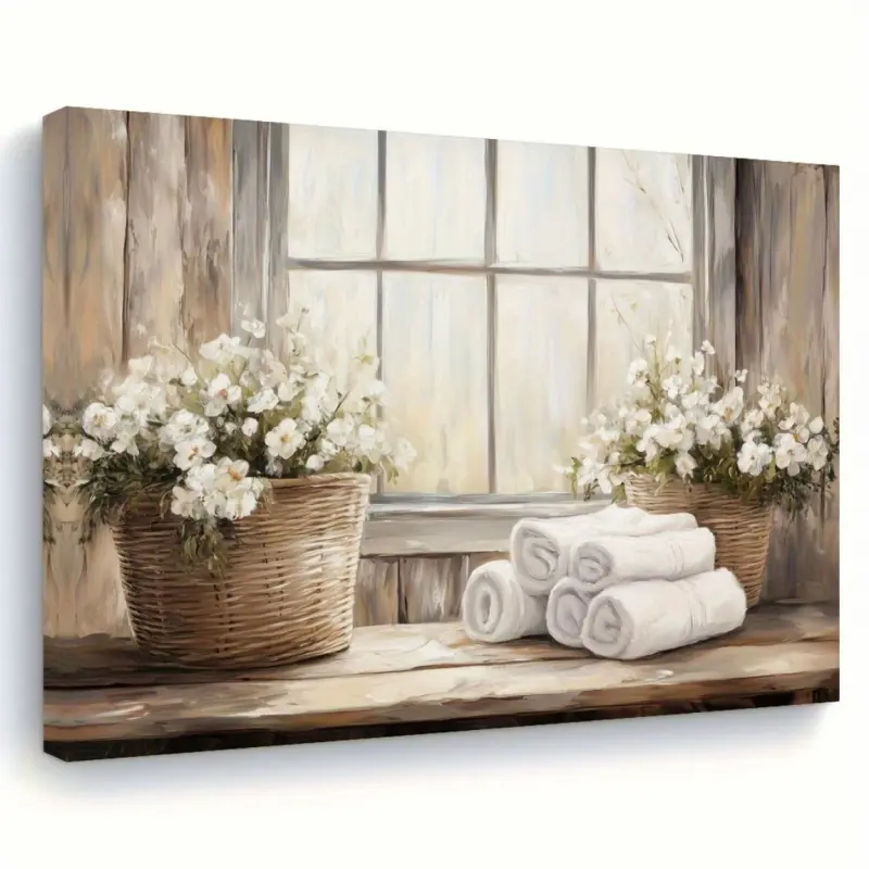 1 Piece Vintage Farmhouse Laundry Room Canvas Art with Wooden Frame - Rustic Wall Decoration, Display Towels, Baskets and Window Scenery, Ready-to-Hang Home Decor, Perfect Gift for Kitchen, Living Room or Bathroom, Laundry Room Accessories, 2D Flat LQJ02,