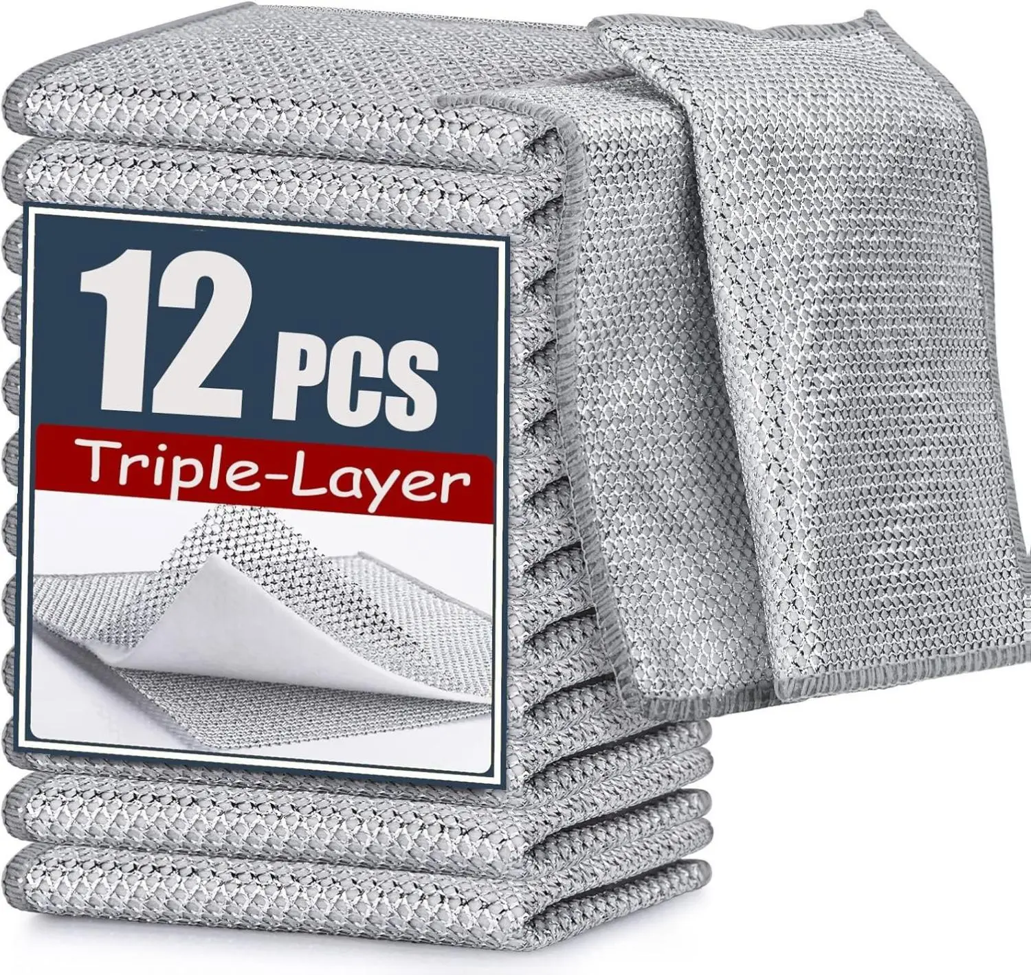 Triple-Layer Steel Wire Dishcloth 12 Pcs Non-Scratch Powerful Cleaning Cloth for Cookware Sinks Dishes Stove Tops Soft Absorbent Cotton Interior