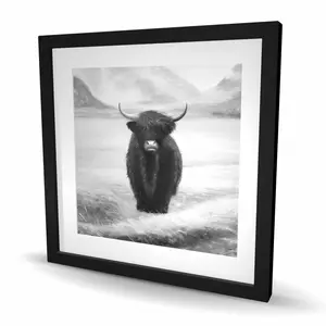 Begin Home Decor C1FM24247FI9E3 24 x 24 in. Monochrome Highland Cow - Framed Matted Print Wall Art for Home Decor