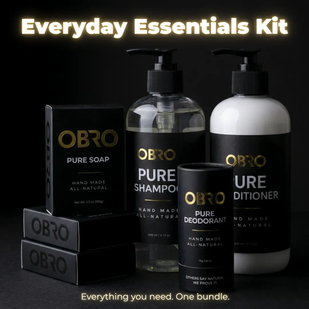 OBRO Everyday Essentials Bundle | Large 500mL Natural Shampoo & Conditioner + Aluminum-Free Natural Deodorant + 3 Natural Soap Bars