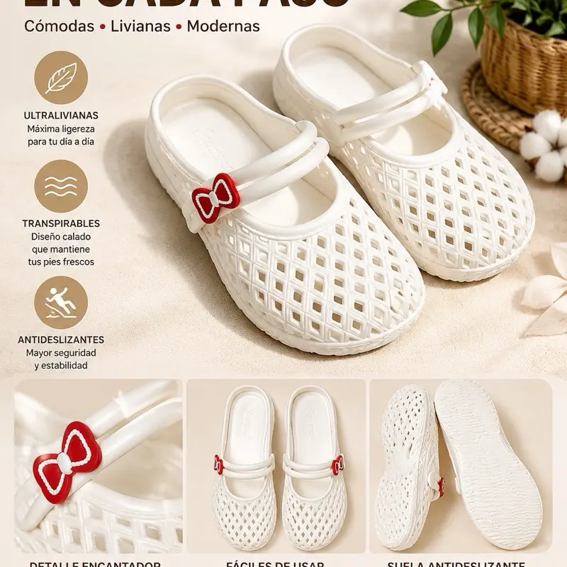 Women’s Breathable Bow-Detail Clogs – Lightweight & Non-Slip Zuecos calados para mujer con lazo decorativo, ligeros y antideslizantes Footwear