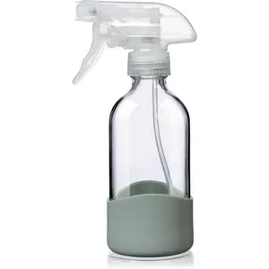 8oz Clear Glass Spray Bottles with Silicone Sleeve–Refillable Spray Bottles for Cleaning Solutions,Hair,Plants&Essential Oils–Leakproof,Adjustable Nozzle,Reusable,Eco-Friendly (1 Pack)