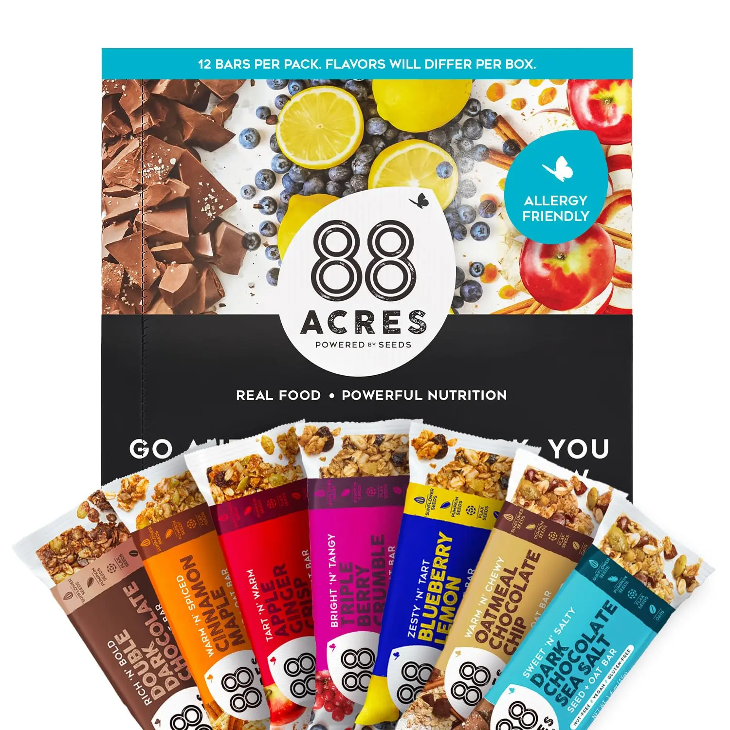 88 Acres Granola Bars Variety Pack, 12 Count, Seed & Oat Snack Bars, Gluten Free, Nut Free, Vegan, Non-GMO, Kosher, School Safe, Individually Wrapped