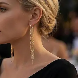 Sicbumi Women's Long Tassel Dangle Earrings - Secure Clasp, Elegant Chain Chandelier Design - Statement Costume Jewelry for Anniversary, Christmas, Daily, Evening, Extended Wear