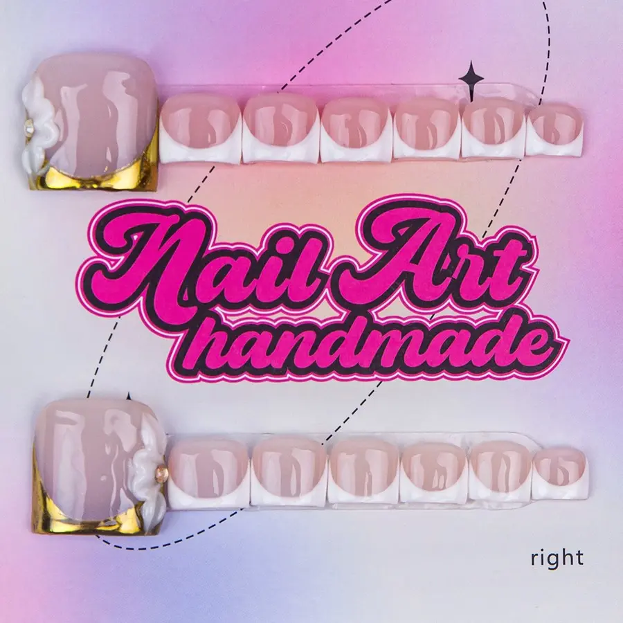 Delicatething's 14-fingered fake toenail, y2k-style accessory, Handmade Press On, Handmade Wearable Nails, handmade, available in 4 sizes (XS, S, M, L), golden French design, suitable for family dinners, dates, gatherings, Handmade Nail Art