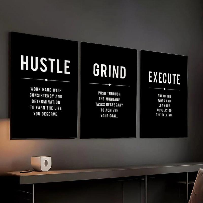 Motivational 3 Piece Set Wall Art Poster, Hustle Grind Execute Prints, Minimalist Office Decor, Printable Inspirational Poster