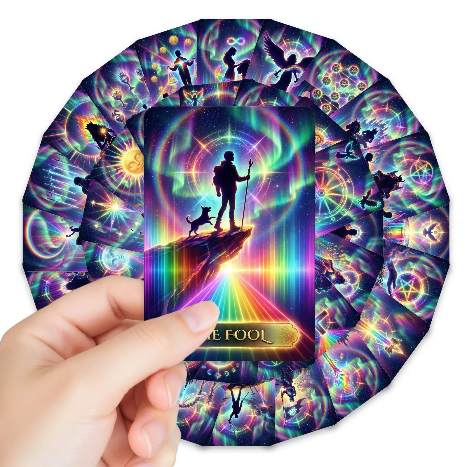 36 Holographic Neon Tarot Card Set, Vibrant Dreamy Aurora Mysticism, English Table Game Cards, Perfect for Enthusiasts and Collectors