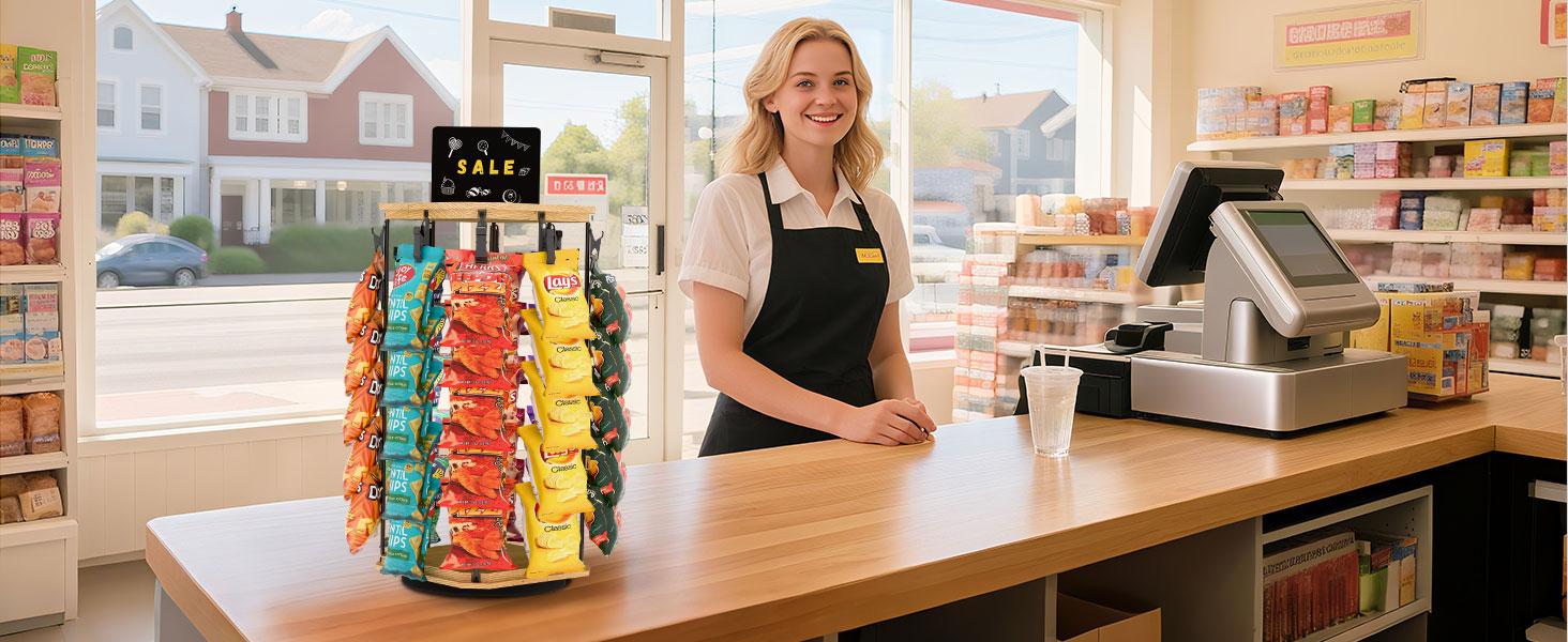 MOVATEK 360° Rotating Wooden Snack Stand | 5-Tier Candy Display 40 Clips Snack Organizer| Rack for Concession Stand Countertop Snack Stand Party | Sturdy base | With Message Board | MOVATEK 360° Rotating Wooden Snack Stand | 5-Tier Candy Display 40 Clips Snack Organizer| Rack for Concession Stand Countertop Snack Stand Party | Sturdy base | With Message Board |