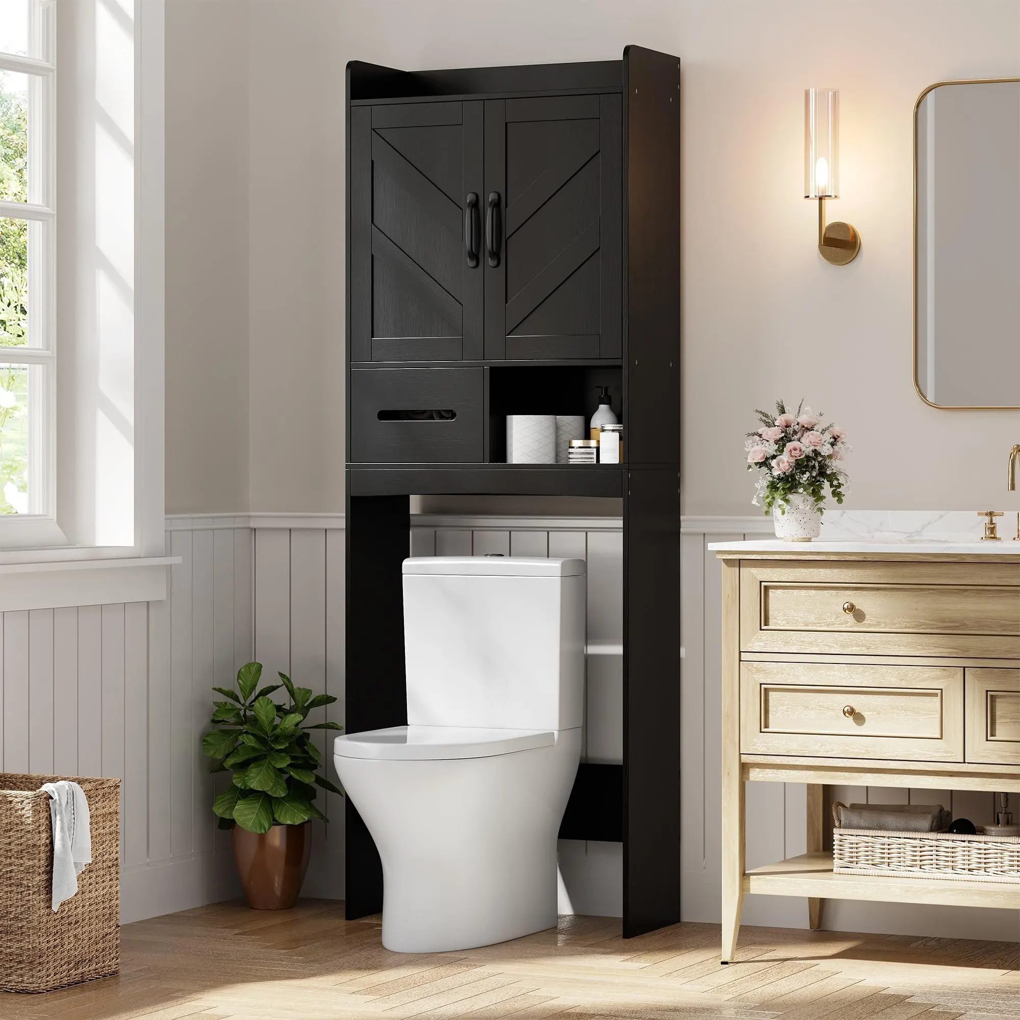 GARVEE Over the Toilet Storage Cabinet - Bathroom Indoor Furniture Organizer with Anti-Tip Device, Adjustable Shelf (Black), Over Toilet