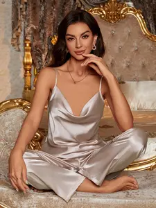 Women's Solid Backless Cami Top & Elastic Waist Pants Satin Pyjama Set, Casual Cowl Neck Camisole & Trousers, Women's Sleepwear for All Seasons Pajamas