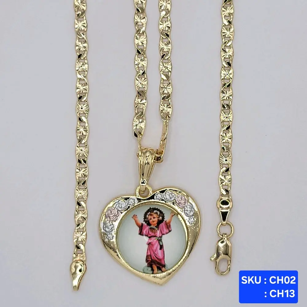 Divine Child Jesus Pendant Beautiful Chain 24 & 18 Inches 4mm Wide Laminated Gold Divino Niño Jesus SKU CH16 CH17