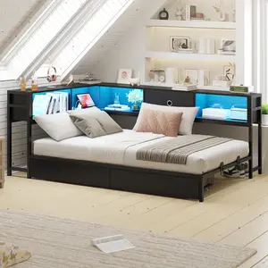 Hasuit Twin Corner Bed Frame with Storage Drawers and Bookcase Headboard, Twin Size Metal Platform Corner Bed Frame with Charging Station and LED Lights, Twin Daybed for Kids Teens Guests