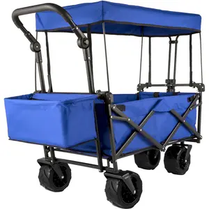 VEVOR Extra Large Collapsible Garden Cart with Removable Canopy,  Folding Wagon Utility Carts with Wheels and Rear Storage, Wagon Cart for Garden, Camping, Grocery Cart, Shopping Cart, Blue