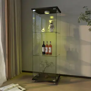 Modern Glass Display Cabinet with LED lights, Quick-assembly Antique Cabinet, Tempered Glass Bookshelf, Suitable for Living Room and Bedrooms, 1-door 3-shelf