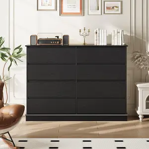 【GARVEE】Black 8 Drawer Dresser for Bedroom, Large Chest with Deep Drawers, Wide Top Double Dresser for Closet, Horizontal Wooden Storage Unit for Living Room, Hallway, and Children's Room