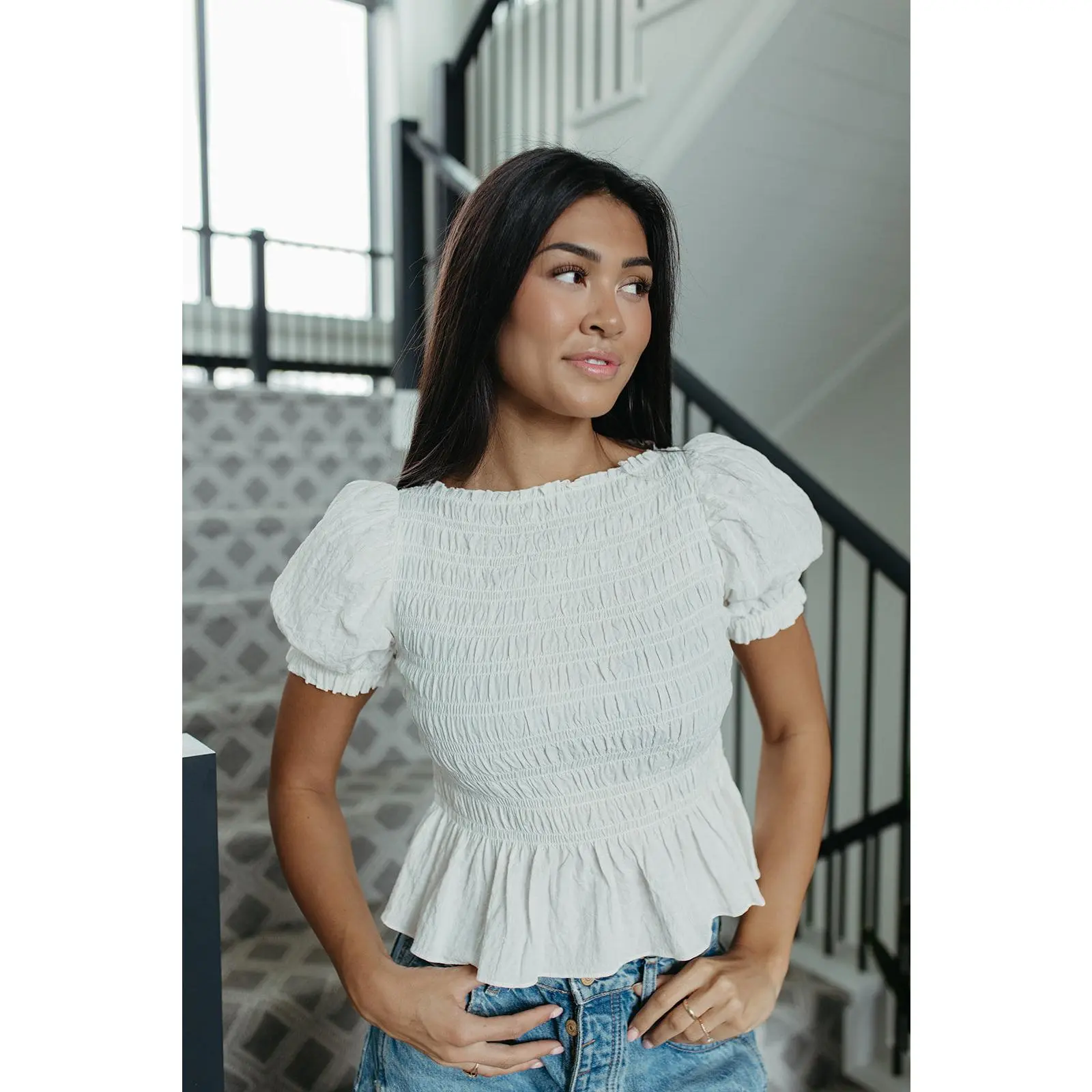 THE CAMILA PUFF SLEEVE SMOCKED TOP IN WHITE