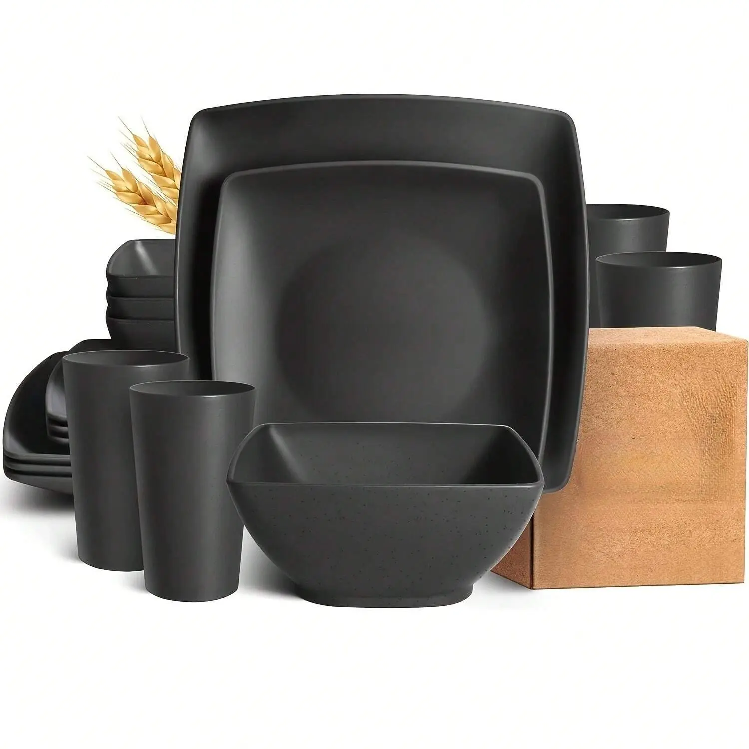 16-piece Plastic Wheat Straw Square Dinnerware Set for 4, Unbreakable Dinner Plates, Salad Plates, Snack Bowls, Tumblers 13.5 oz, Dishwasher Safe, Kitchen Outdoor Camping,Black,sohochic