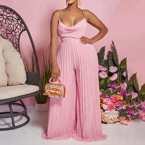 Fashionable and sexy chain neck high waist sexy backless wide leg pleated jumpsuit