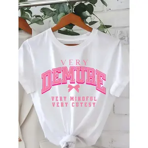 Everyday Comfort |   Women's Casual "Very Demure" Graphic Tee with Bow Detail - Soft Knit, Short Sleeve, Round Neck, Spring/Summer Fashion Top, White with Pink Print, Fitness Attire |   Bow Detail Shirt |   Nontransparent Material