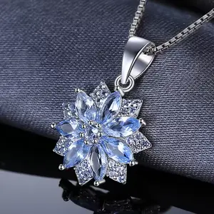 Exquisite 925 Sterling Silver Light Blue Spinel Flower Pendant Necklace